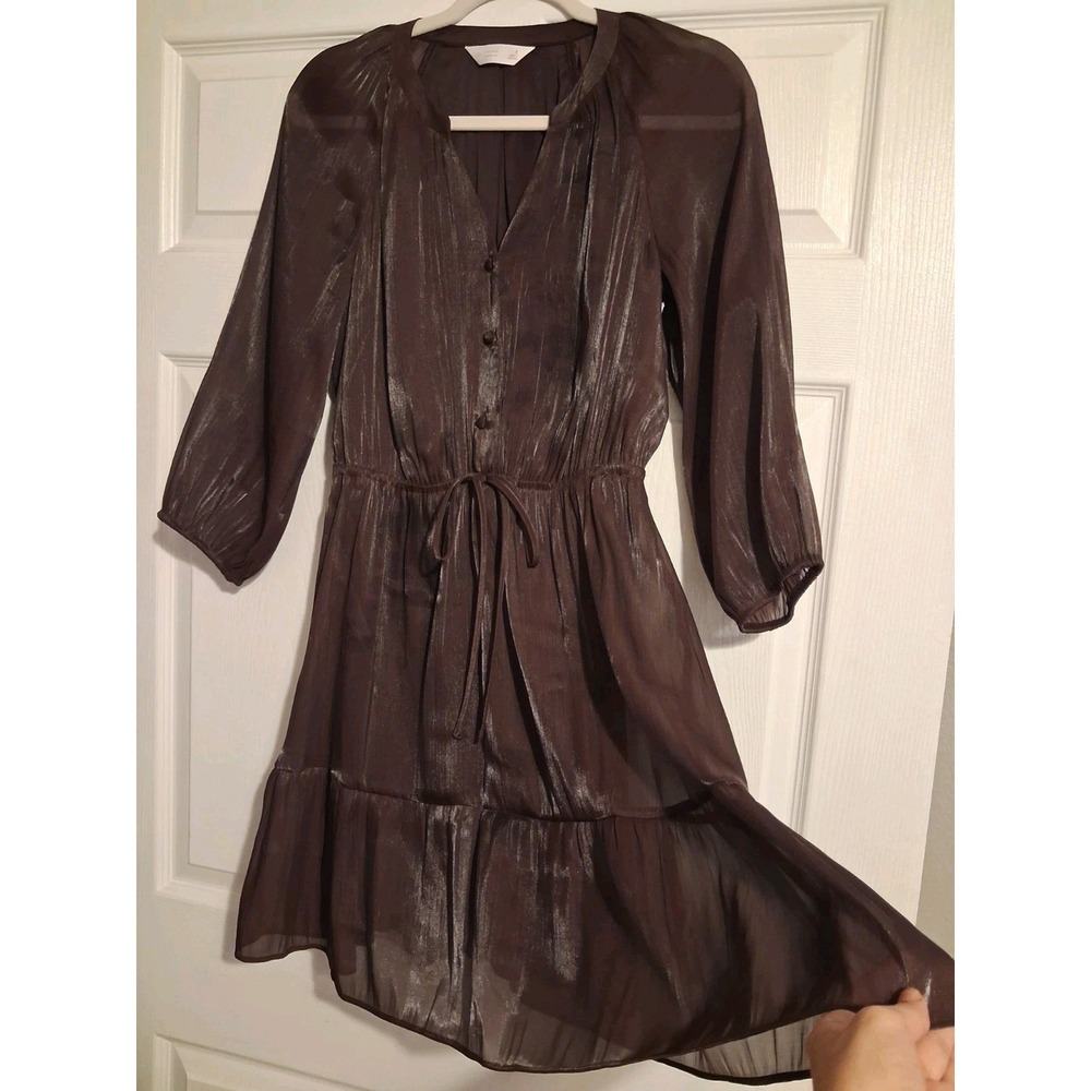 Chocolate Brown Tiered Boho Mini Dress Sheer Sleeve SM Romantic Feminine Flowy